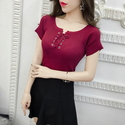 

Summer sweetly solid short sleeved knitted t shirt one size women slim tops dropshipping