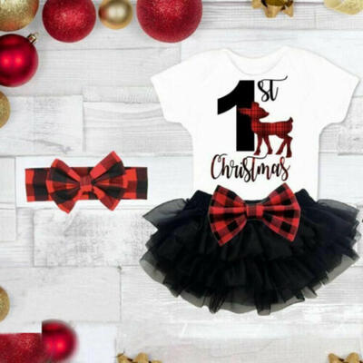 

US 2019 Xmas Infant Baby Girl My 1st Christmas Deer Romper Bowknot Skirt Clothes
