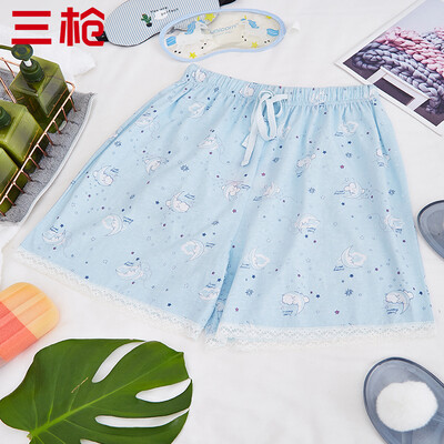 

Three guns sleep pants womens cotton 2019 spring&summer new breathable loose lace lace cotton womens home shorts blue moon
