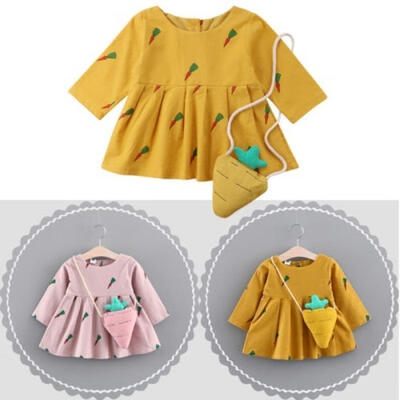 

Kids Baby Girl Long Sleeve Princess Casual DressCrossbody Bag 2PCS Set