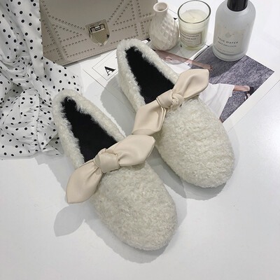

Wool single shoe woman wears butterfly knot flat sole lamb wool&Muller shoes in winter