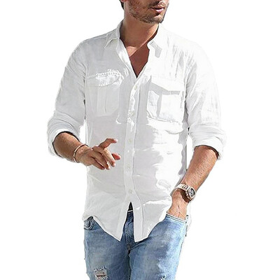 

Toponeto Mens Baggy Cotton Linen Pocket Solid Long Sleeve Retro T Shirts Tops Blouse