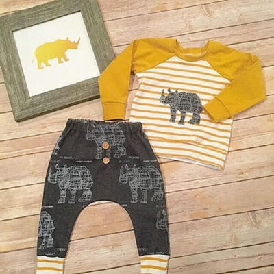 

Best Toddler Baby Boy Girl Clothes Rhinoceros Printed Outfits Yellow Tops T-shirt Long Pant 2Pcs Set 0-24M