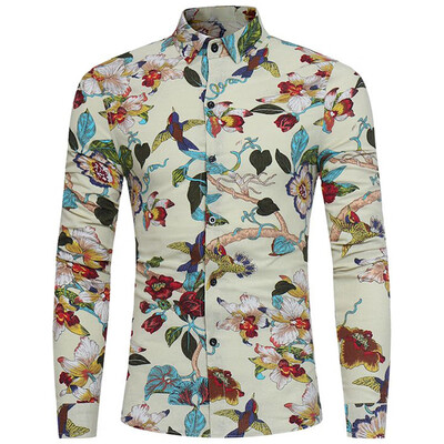 

3D Florals Birds Print Cotton Linen Shirt