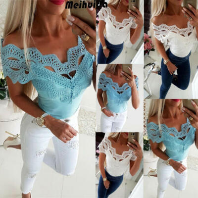 

Boho Women Off Shoulder Casual Solid Shirts Lace Top Tees Blusas Blouse Tops