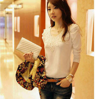 

Long-sleeved Lace Bottoming T-shirt Women O-Neck Slim T-shirt White
