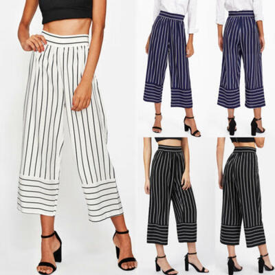 

Boho Women Wide Leg Palazzo Pants Trousers High Waist Stretch Stripe Lady Pants
