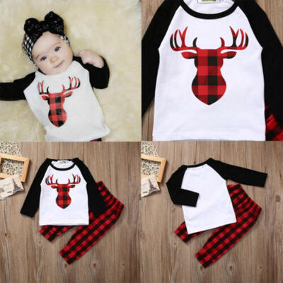 

2PCS Infant Christmas Baby Boys Girls Clothes Deer Tops Plaid Pants Outfits Set