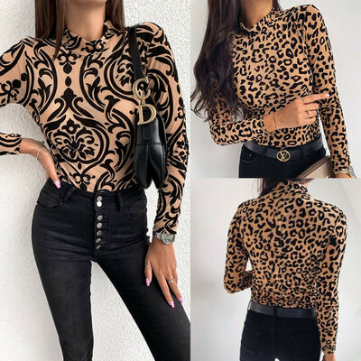 

Women Leopard Summer Long Sleeve Turtleneck Tops Casual Shirt Blouse T-shirt Tee