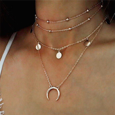 

Elegant Fashion Lady Wafer Moon Multi-Layer Necklace