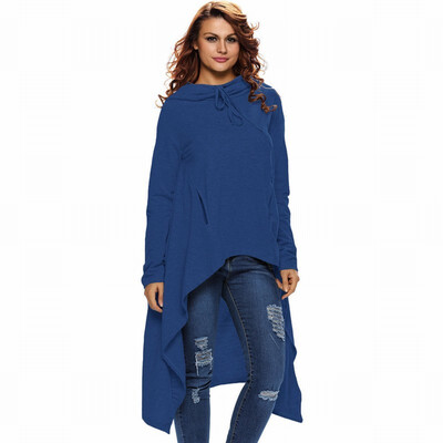 

Gray plain zipper long sleeve loose front short long hooded top