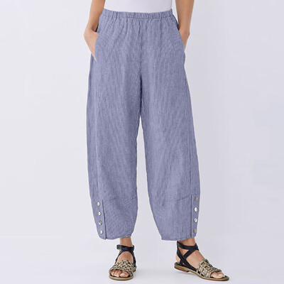 

Women Sexy Stripe High Waist Cotton And Linen Long Pants Casual Beach Trousers
