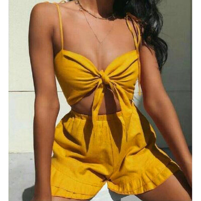 

Roseonmyhand Women Sexy Fashion Solid Color Strap Shirt Shorts Two-Piece Set