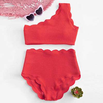 

Roseonmyhand Lady Vintage High Waisted Swimsuit Two Pieces Scalloped Trim One Shoulder Bikini