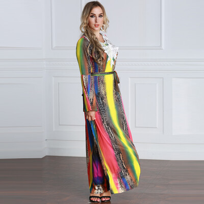 

Women Plus Size Maxi Long Dress Contrast Color Flare Long Sleeves Belt Lace Colorful Elegant A-Line Dresses