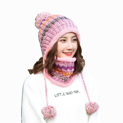 

New Fashion Women Girls Thicken Crochet Winter Warm Hats Scarf set Outdoor Ski Wool Beanie Caps