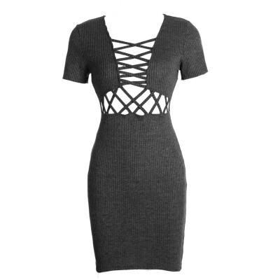 

Women Autumn Winter Knitted Hollow Out Bodycon Party Short Sleeve Dress