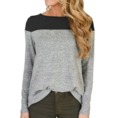 

Nomeni Womens Long Sleeve T-shirt Color Block Back Button Irregular Hem Blouses Tops