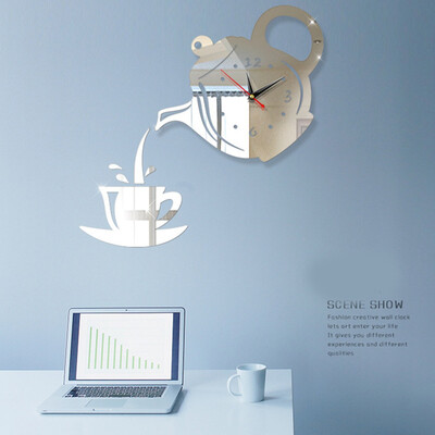 

Delicate Teapot Clock Wall Mirror Effect Cup Shape Decoration Home Decor
