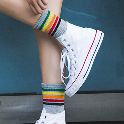 

1Pair Women New Fashion Cotton Colorful Rainbow Stripes skateboard socks Casual Spring Summer Sport Socks