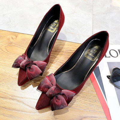 

Net red shallow bow shoes women 2019 spring new Korean version of wild pointed cat with fairy high heels