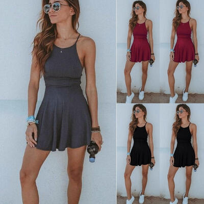 

New Fashion Women Dress Novelty Pleated Solid Color Short Sleeves Backless Spring Autumn Party Dress