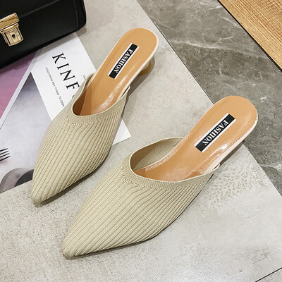 

spring&summer knitting slippers womens low-heel Korean-pointed small-heels cool slippers&half-slippers