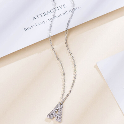 

Fashion Women 26 Double Sided English Alphabet Diamond Silver Color Necklace