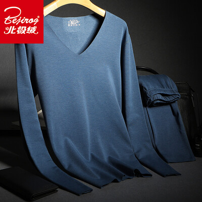 

Arctic velvet graphene free cut velvet sanding mens thermal underwear men&women cotton wool bottoming shirt V-neck autumn clothing long trousers suit mens denim blue