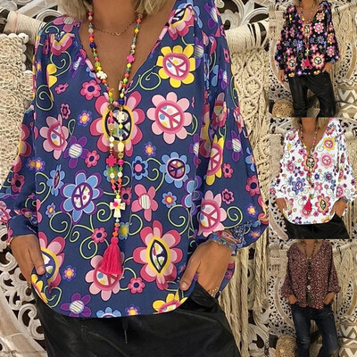 

Spot Amazon Explosion models Europe&America Womens Tops Loose Thin V-neck Print Puff Sleeve T-Shirt OM8744 blue
