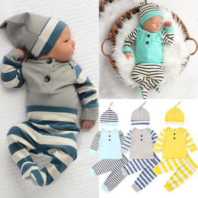 

US Newborn Baby Boy Girl Cotton Clothes Striped Tops Pants Leggings 3PCS Outfits