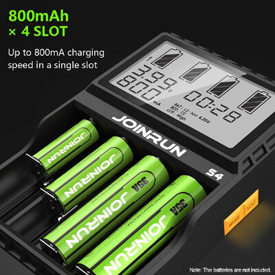 

JOINRUN S4 Intelligent Battery Charger Smart Charger w 4 Battery Slots 38" Digital LCD Display for Ni-Cd Li-ion IMR INR ICR LiFe