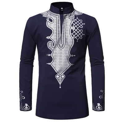 

Toponeto Men Vintage African Print Printed Long Sleeve Stand Collar T-Shirt Top Blouse