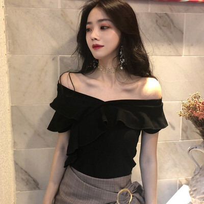 

Ruffles Sexy Slash Neck T-Shirts Women Short Sleeve T Shirts Slim White Black Solid Korean Slim Female T Shirt