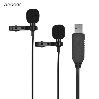 

Andoer 45m15ft USB Dual-head Lavalier Lapel Microphone Clip-on Omnidirectional Computer Mic for Windows Mac Video Audio Recordin