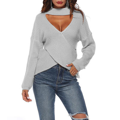

Long Sleeve Cross Irregular Deep V Neck Women Knitted Tops Pullover Clothes
