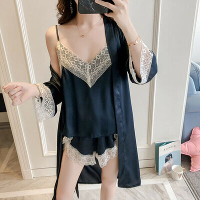 

3Pcs Summer Womens Sexy Pajamas Silk Pajamas Sleepwear Deep V Sling Lingerie Set