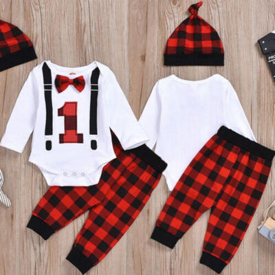 

Newborn Baby Boy First Christmas Clothes Romper Plaid Pant Hat Outfits 0-18M
