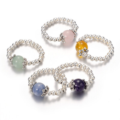 

Platinum Tone Iron Bead Natural Mixed Stone Stretch Finger Rings with Tibetan Style Bead Caps 16mm