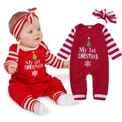 

Fashion XMAS Newborn Baby Girls Stripes Romper Jumpsuit Headband Outfit Clothes