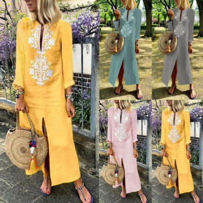 

Women Cotton Linen Maxi Dress Long Sleeve Casual Boho Kaftan Tunic Plus Size