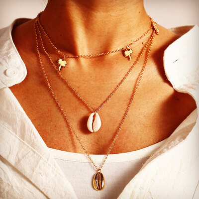 

Vintage Multilayer Shell Pendant Necklace Women Gold Color Map Coin Long Choker Necklaces Ocean Jewelry 2019 NEW Gift