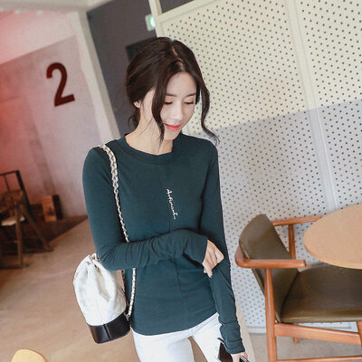 

Women T-Shirt Round Neck Collar Loose Long-Sleeved Casual Autumn Bottoming Shirt Wild Tops
