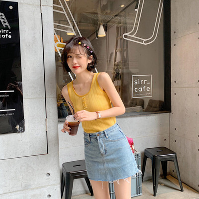 

Women Summer Sexy Round Neck Sleeveless Slim Button Solid Color Camisole T-Shirt