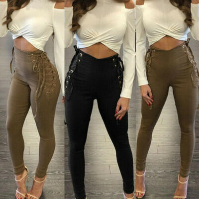 

Women Lace Stretch Pencil Pants High Waist Skinny Jeggings Casual Slim Trousers