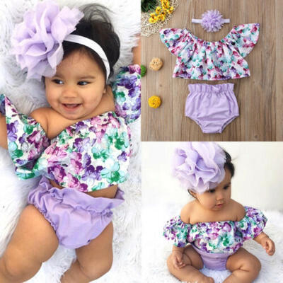 

US Newborn Baby Girl Clothes Off Shoulder Floral Tops Shorts Headband Outfit Set