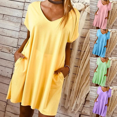 

2019 Amazon Europe&America short-sleeved large size solid color dress wish explosion ebay womens new hot sale yellow