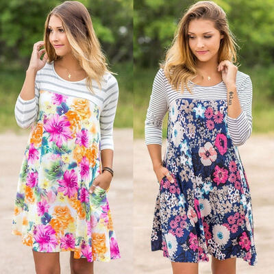

Fashion Women clothes Long Sleeve Loose round neck Floral print striped cotton Casual Mini Dresses one pieces