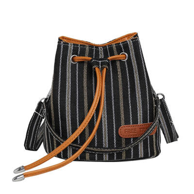 

Canvas Shoulder Handbags Women Stripe Drawstring Beam Port Crossbody Bag