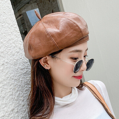 

Korean autumn&winter new bud hat female black beret PU Leather Vintage pumpkin painter hat wholesale